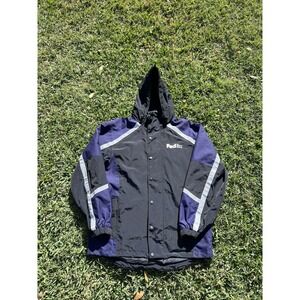 FedEx Stan Herman Coat Men Large Reflective Raingear Hooded Anorak Black Purple